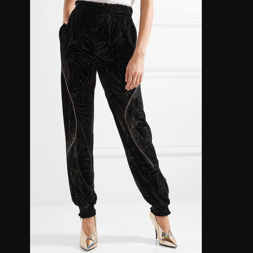 NWT Chloe runway black velvet gold embellished gold jogger pants, size 34/2/xs